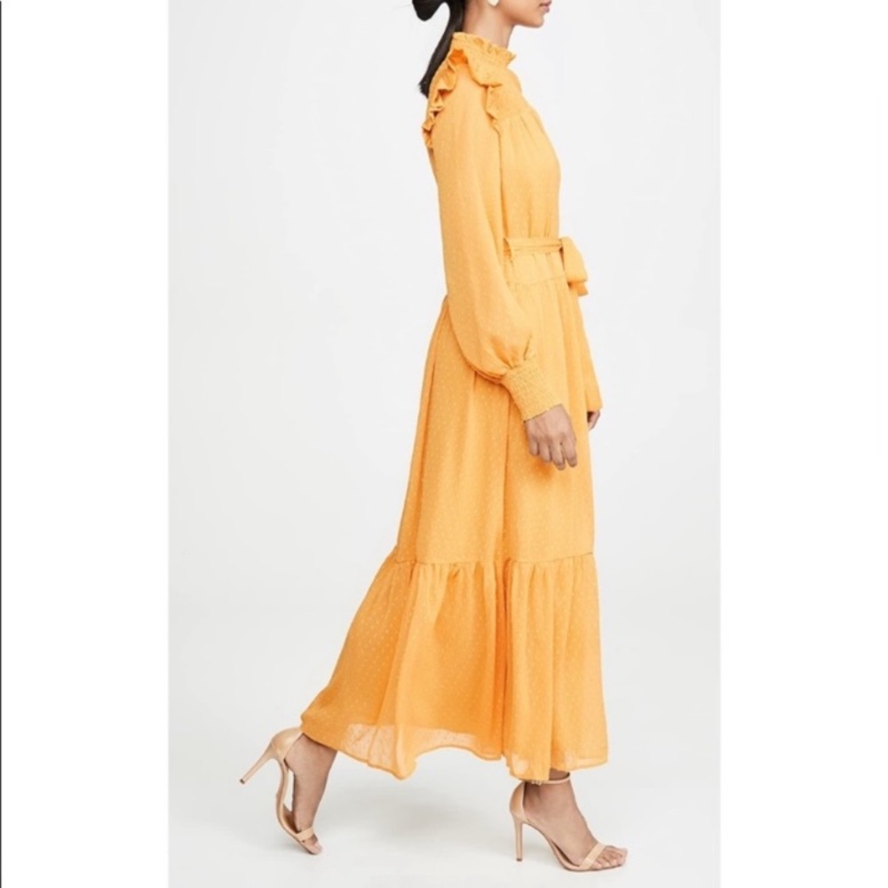 English Factory Swiss Dot Smocked Maxi Dress medium mustard ruffle